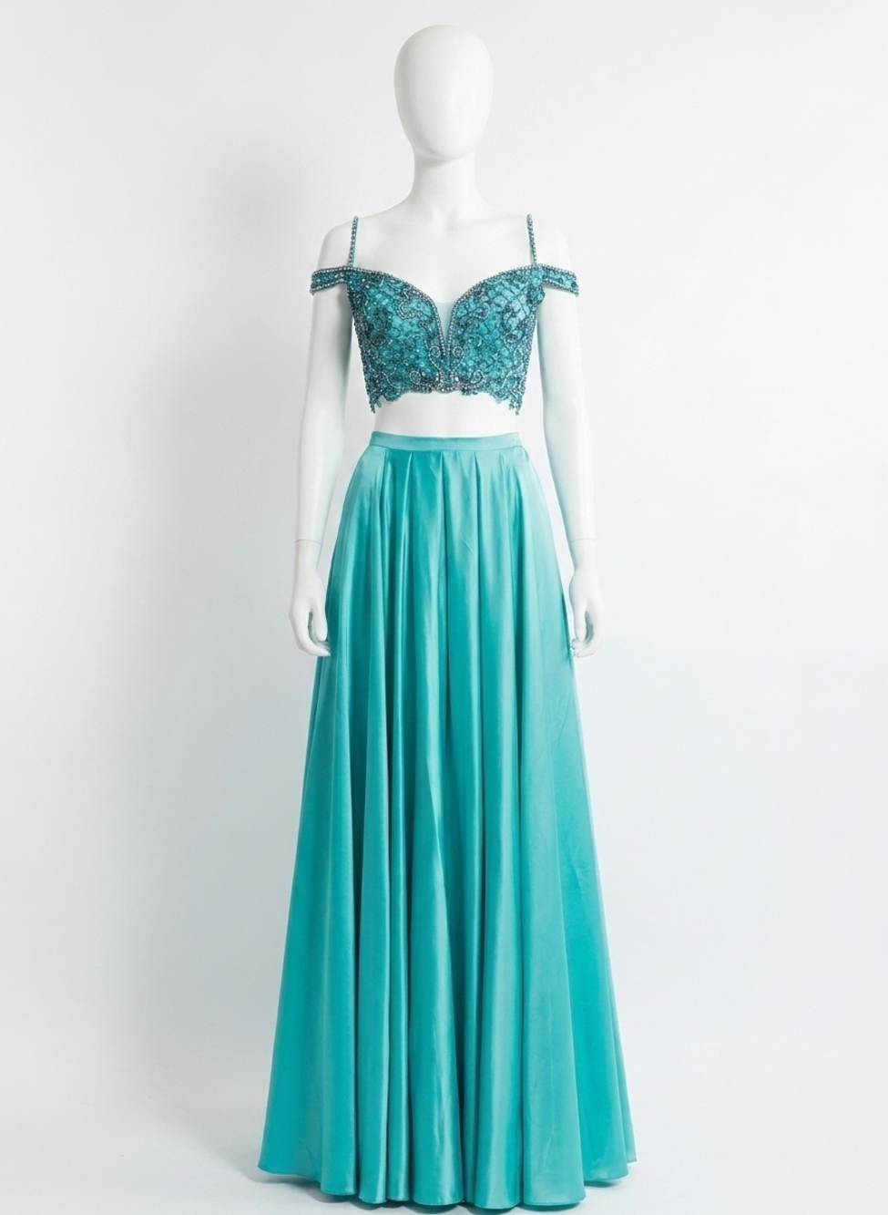 NEW RACHEL ALLAN beaded charmeuse two-piece gown in jade